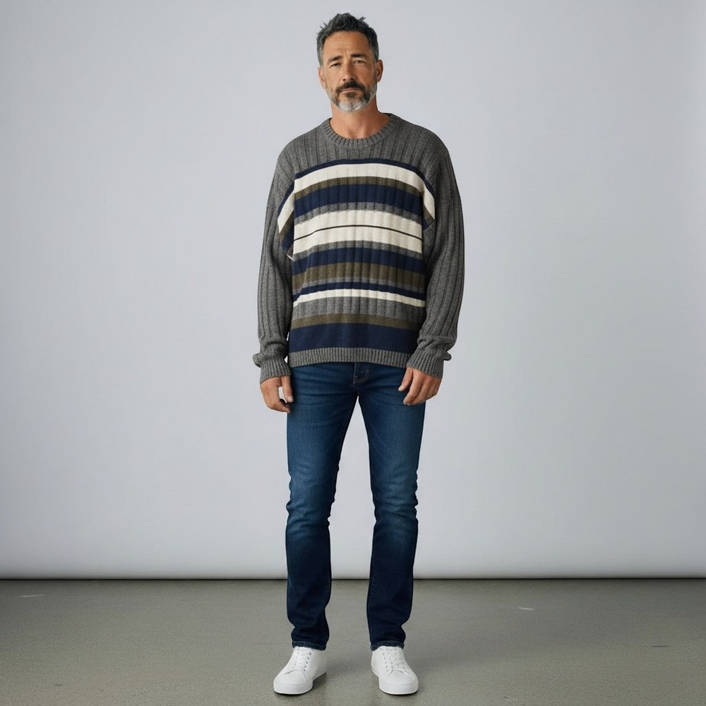 Savile Row Mens Large Striped Ribbed‎ Knit Sweater Grey Navy Ramie Cotton Blend